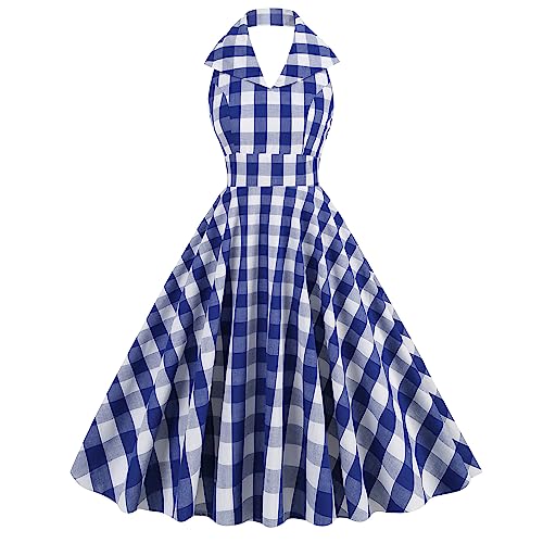 Rockabilly Kleider Damen 50s Vintage Neckholder Kariert Retro Rockabilly Swing Festlich Partykleid Coctailkleid Abendkleid Bleu D XXL von OBEEII