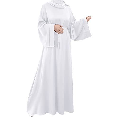 Solide Satin-Robe für Damen mit Bischofsärmeln, Langes Kleid aus dem Nahen Osten, Muslimische Robe Weiß02 L von OBEEII