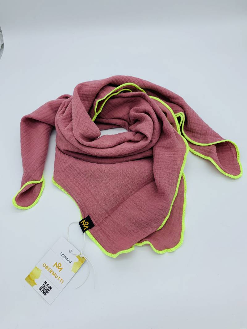 Kinder Schal Aus Baumwollmusselin in Altrosa Uni Und Neon Gelbem Saum | Für Kinder Von 1 - 6 Jahre von OBERMUTTI