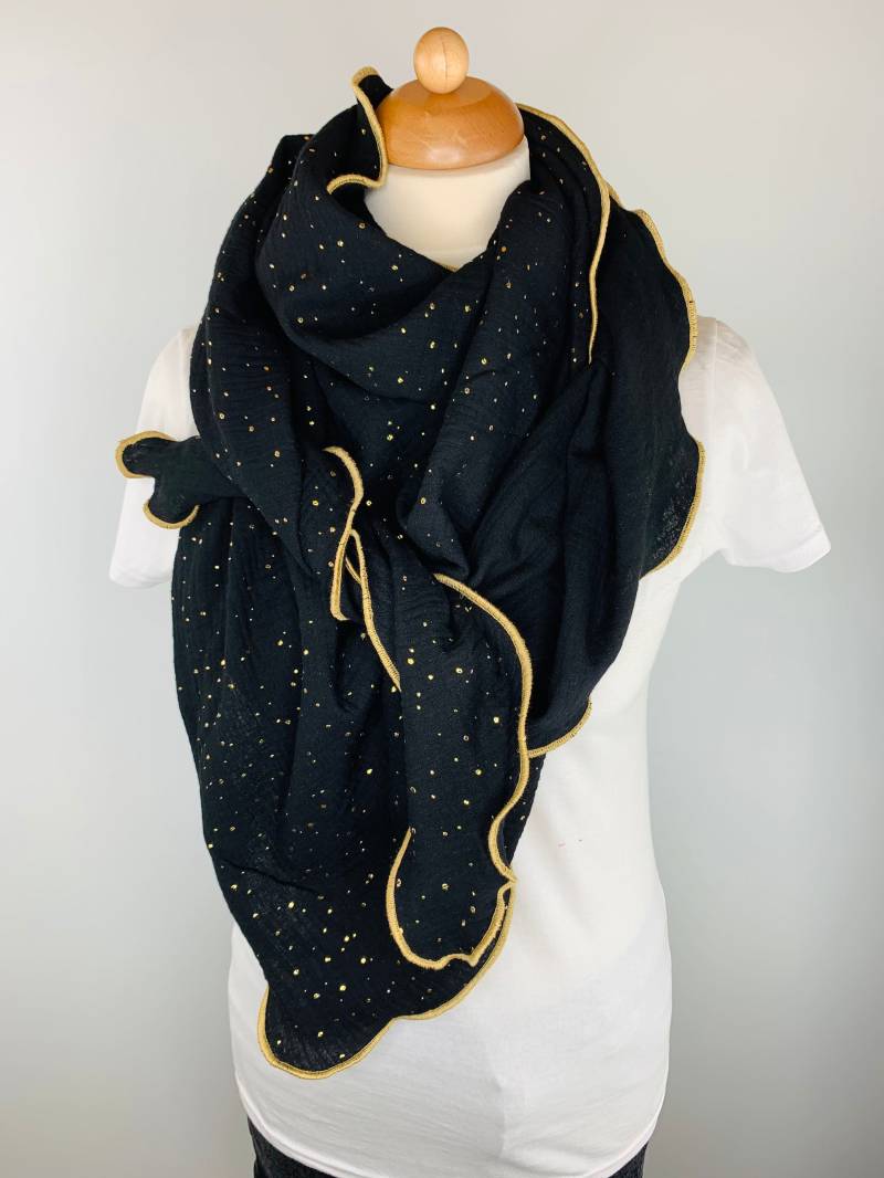 Schal Aus Baumwolle in Schwarz Mit Goldenen Tropfen Und Goldenem Saum von OBERMUTTI