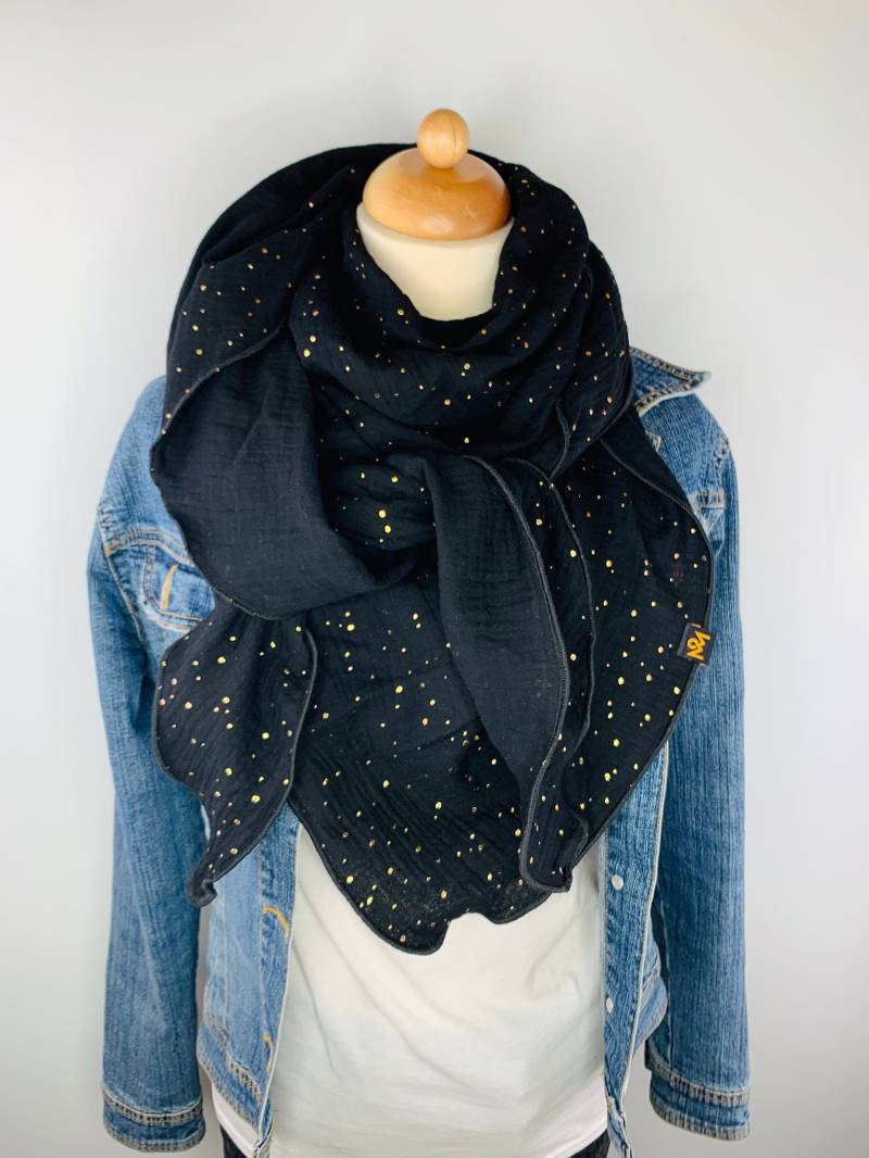 Schal Aus Baumwolle in Schwarz Mit Goldenen Tropfen Und Schwarzem Saum von OBERMUTTI