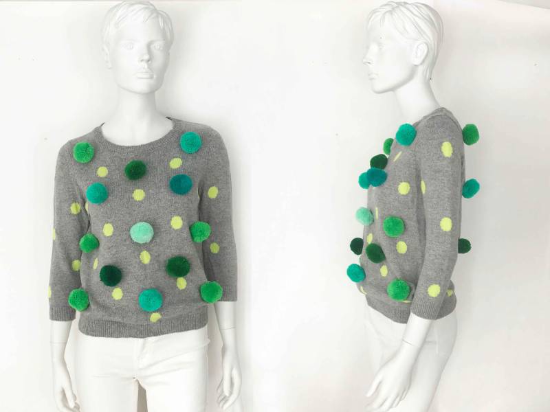 The Pom Party Vtg Rmx 90S Sweater Glow Neon Greens 3D Polka Dot Light Heather Grey 3/4 Ärmel Pullover Xs, S Vintage Damen von OBJECTSofMATTER