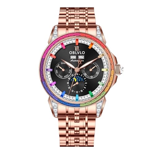 OBLVLO - Automatikuhr Herren 316L Edelstahl Mondphase Diamantlünette 24 Stunden Multifunktionale mechanische Armbanduhr GCM-MUT, GCM-MUT-PCBPS, Modern von OBLVLO