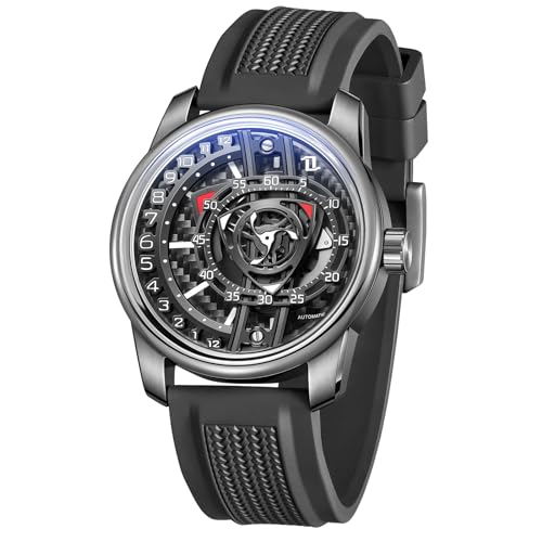 OBLVLO Designer-Armbanduhr für Herren, Rotor, Gummiband, wasserdicht, automatisch, analog, super leuchtend, klassisch, mechanisch, JM-Rotor, JM-ROTOR-YCBR, modisch von OBLVLO