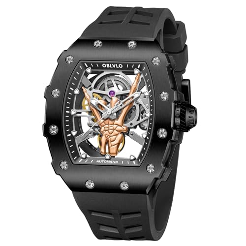 OBLVLO Designer Finger schwarz PVD Edelstahl Weinfass Skelett mechanische Uhr Gummiband Sport Automatikuhr für Herren XM-FIG, XM-FIG-BGBR, Large, Modern von OBLVLO