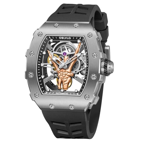 OBLVLO Designer Finger schwarz PVD Edelstahl Weinfass Skelett mechanische Uhr Gummiband Sport Automatikuhr für Herren XM-FIG, XM-FIG-YGBR, Large, Modern von OBLVLO