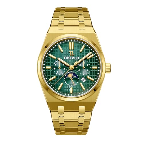OBLVLO Fashion 3 Sub-Dial Uhren für Herren 316L Edelstahl Mechanische Uhren Kompletter Kalender Wasserdicht Automatikuhr TM-MUT, Tm-mut-gng, Militär von OBLVLO