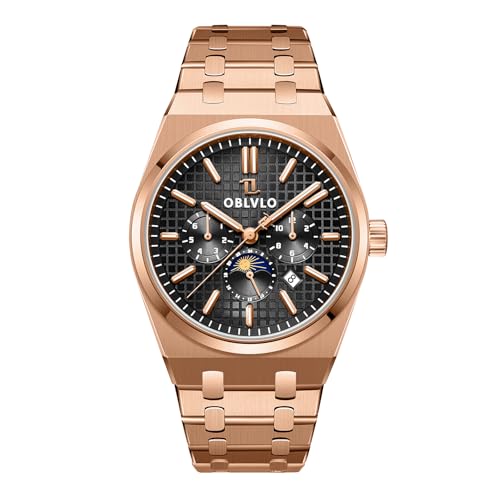 OBLVLO Fashion 3 Sub-Dial Uhren für Herren 316L Edelstahl Mechanische Uhren Kompletter Kalender Wasserdicht Automatikuhr TM-MUT, Tm-mut-pbp, Militär von OBLVLO