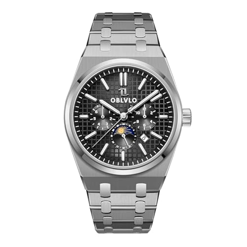 OBLVLO Fashion 3 Sub-Dial Uhren für Herren 316L Edelstahl Mechanische Uhren Kompletter Kalender Wasserdicht Automatikuhr TM-MUT, Tm-mut-yby, Militär von OBLVLO