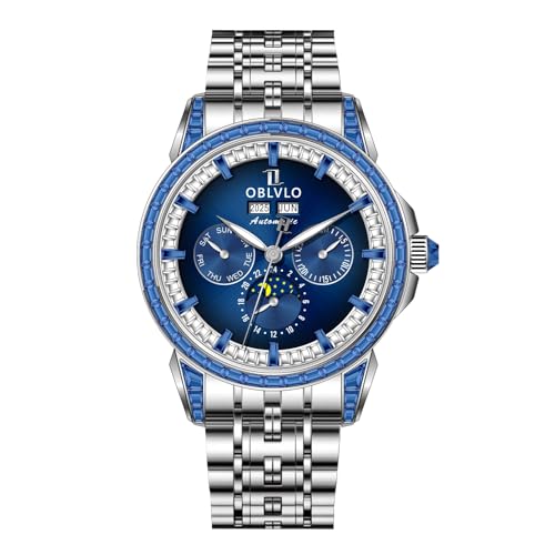 OBLVLO - Herren Automatikuhr 316L Edelstahl Mondphase Diamant Lünette 24 Stunden Multifunktionale GCM-MUT Mechanische Armbanduhr GCM-MUT-YLYS Modern von OBLVLO
