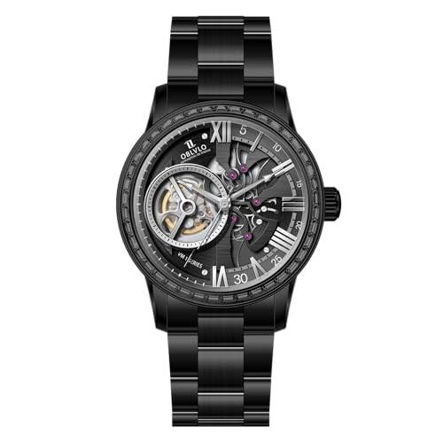 OBLVLO Herren-Automatikuhr mit Diamantlünette, ausgehöhlter Lupe, synthetischer Saphir, wasserdicht, mechanische Armbanduhr VMQ-S-D, VMQ-D-S-BBBS, Mechanische Uhr von OBLVLO