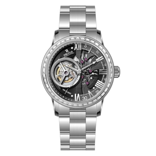 OBLVLO Herren-Automatikuhr mit Diamantlünette, ausgehöhlter Lupe, synthetischer Saphir, wasserdicht, mechanische Armbanduhr VMQ-S-D, VMQ-D-S-YBYS, Mechanische Uhr von OBLVLO