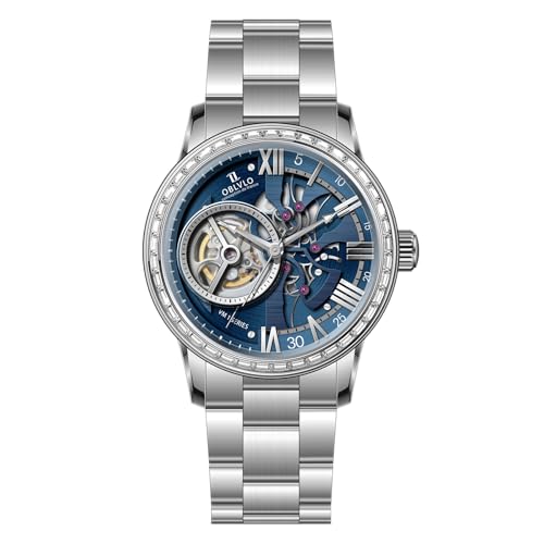 OBLVLO Herren-Automatikuhr mit Diamantlünette, ausgehöhlter Lupe, synthetischer Saphir, wasserdicht, mechanische Armbanduhr VMQ-S-D, VMQ-D-S-YLYS, Mechanische Uhr von OBLVLO