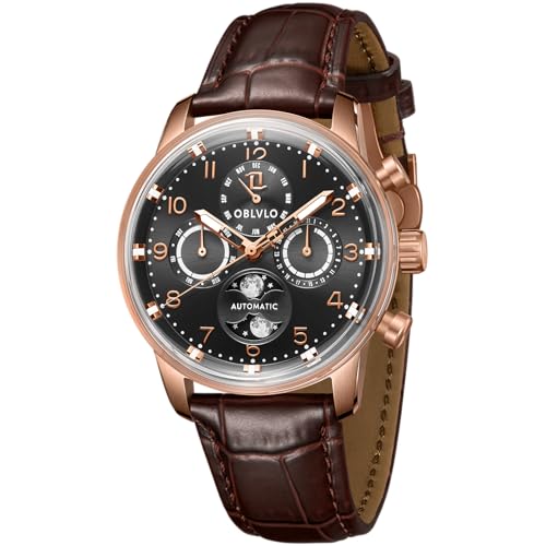 OBLVLO Herren Klassische Uhren Multifunktions Original Automatik Armbanduhr Mondphase Wasserdicht Lederarmband Uhr IM-MUT-MP, IM-MUT-MP-PBWL, Mechanisch von OBLVLO