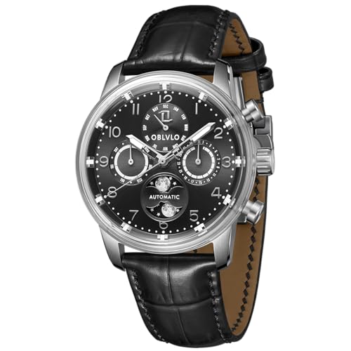 OBLVLO Herren Klassische Uhren Multifunktions Original Automatik Armbanduhr Mondphase Wasserdicht Lederarmband Uhr IM-MUT-MP, IM-MUT-MP-YBBL, Mechanisch von OBLVLO
