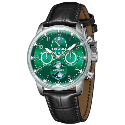OBLVLO Herren Klassische Uhren Multifunktions Original Automatik Armbanduhr Mondphase Wasserdicht Lederarmband Uhr IM-MUT-MP, IM-MUT-MP-YGBL, Mechanisch von OBLVLO