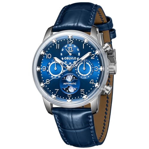 OBLVLO Herren Klassische Uhren Multifunktions Original Automatik Armbanduhr Mondphase Wasserdicht Lederarmband Uhr IM-MUT-MP, IM-MUT-MP-YLLL, Mechanisch von OBLVLO