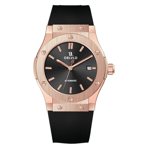 OBLVLO Herren Klassische mechanische Uhr Roségold schwarzes Zifferblatt wasserdicht transparent Automatikwerk Gummiband Uhr HM-SIM, HM-SIM-PBBR, Modern von OBLVLO