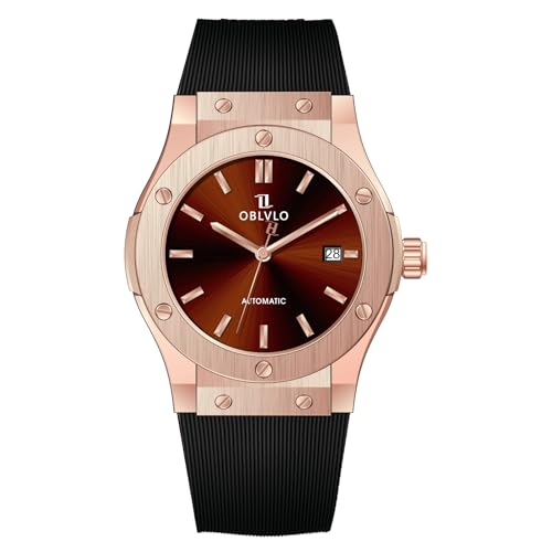 OBLVLO Herren Klassische mechanische Uhr Roségold schwarzes Zifferblatt wasserdicht transparent Automatikwerk Gummiband Uhr HM-SIM, HM-SIM-POBR, Modern von OBLVLO