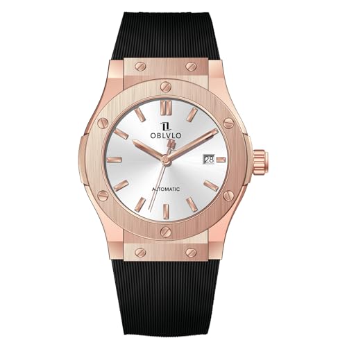 OBLVLO Herren Klassische mechanische Uhr Roségold schwarzes Zifferblatt wasserdicht transparent Automatikwerk Gummiband Uhr HM-SIM, HM-SIM-PWBR, Modern von OBLVLO