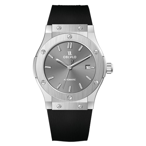 OBLVLO Herren Klassische mechanische Uhr Roségold schwarzes Zifferblatt wasserdicht transparent Automatikwerk Gummiband Uhr HM-SIM, HM-SIM-YHBR, Modern von OBLVLO