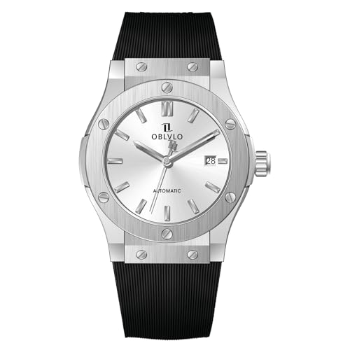 OBLVLO Herren Klassische mechanische Uhr Roségold schwarzes Zifferblatt wasserdicht transparent Automatikwerk Gummiband Uhr HM-SIM, HM-SIM-YWBR, Modern von OBLVLO