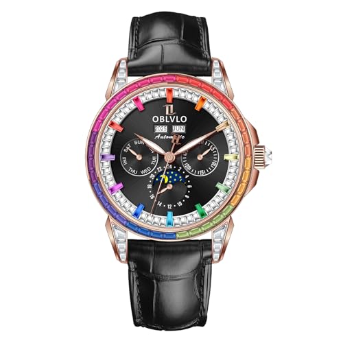 OBLVLO Herren Luxus Uhr Diamant Lünette 24 Stunden Multifunktions Mechanisch Automatik Mondphase Lederband GCM GCM-MUT, GCM-MUT-PCBBL, Modern von OBLVLO