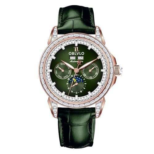 OBLVLO Herren Luxus Uhr Diamant Lünette 24 Stunden Multifunktions Mechanisch Automatik Mondphase Lederband GCM GCM-MUT, GCM-MUT-PGGL, Modern von OBLVLO