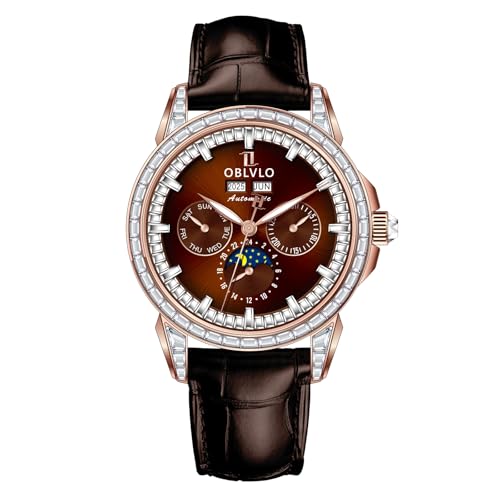 OBLVLO Herren Luxus Uhr Diamant Lünette 24 Stunden Multifunktions Mechanisch Automatik Mondphase Lederband GCM GCM-MUT, GCM-MUT-POWL, Modern von OBLVLO