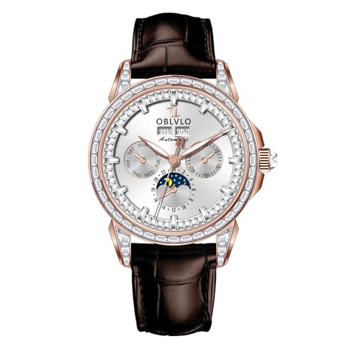 OBLVLO Herren Luxus Uhr Diamant Lünette 24 Stunden Multifunktions Mechanisch Automatik Mondphase Lederband GCM GCM-MUT, GCM-MUT-PWWL, Modern von OBLVLO