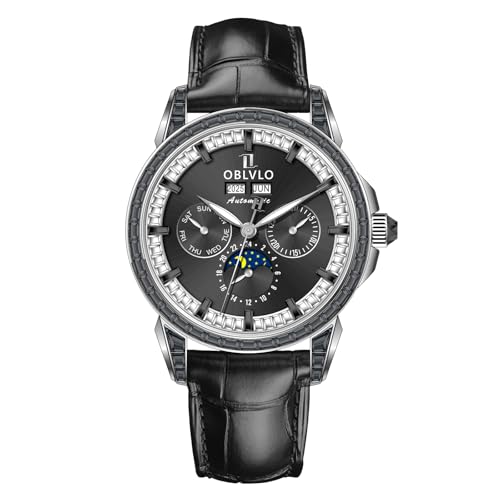 OBLVLO Herren Luxus Uhr Diamant Lünette 24 Stunden Multifunktions Mechanisch Automatik Mondphase Lederband GCM GCM-MUT, GCM-MUT-YBBL, Modern von OBLVLO