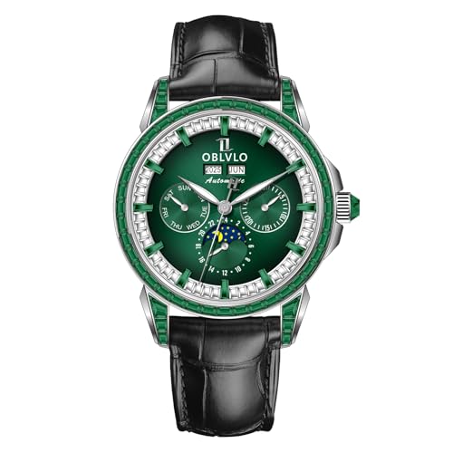 OBLVLO Herren Luxus Uhr Diamant Lünette 24 Stunden Multifunktions Mechanisch Automatik Mondphase Lederband GCM GCM-MUT, GCM-MUT-YGBL, Modern von OBLVLO