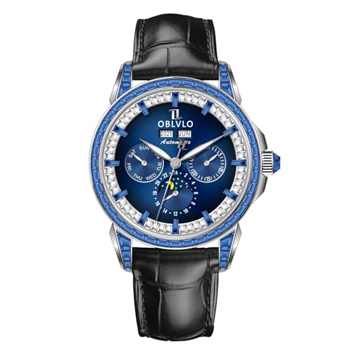 OBLVLO Herren Luxus Uhr Diamant Lünette 24 Stunden Multifunktions Mechanisch Automatik Mondphase Lederband GCM GCM-MUT, GCM-MUT-YLBL, Modern von OBLVLO