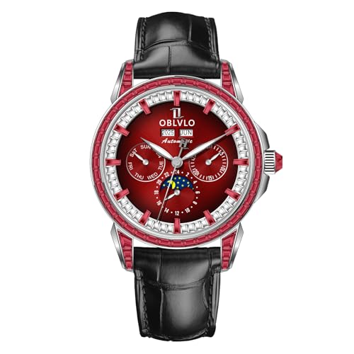 OBLVLO Herren Luxus Uhr Diamant Lünette 24 Stunden Multifunktions Mechanisch Automatik Mondphase Lederband GCM GCM-MUT, GCM-MUT-YRBL, Modern von OBLVLO