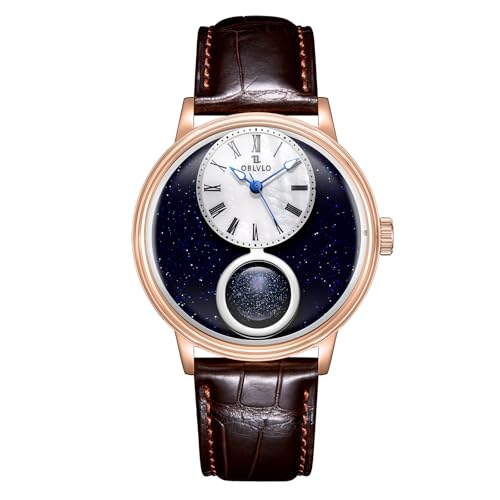 OBLVLO Herren Retro Rose Gold Miyota Uhrwerk Automatikuhr Designer Sternenhimmel 24-Stunden-Anzeige Lederband Klassische Uhren SCM-S, Scm-stars-pswl, Tendência von OBLVLO