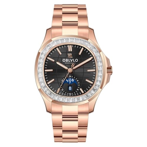 OBLVLO High-End-Diamant-Lünette quadratisches Zifferblatt Moonphase Automatikuhr für Herren super leuchtendes wasserdichtes Armband mechanische klassische Uhren FM-SL-DD-D, Fm-sl-dd-d-pbps, modisch von OBLVLO