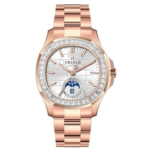 OBLVLO High-End-Diamant-Lünette quadratisches Zifferblatt Moonphase Automatikuhr für Herren super leuchtendes wasserdichtes Armband mechanische klassische Uhren FM-SL-DD-D, Fm-sl-dd-d-pwps, modisch von OBLVLO