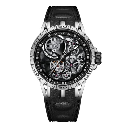 OBLVLO Luxus Stahl Uhren Skeleton Zifferblatt Automatik Herrenuhr Lederarmband 47mm Schwarz LM-YBB von OBLVLO