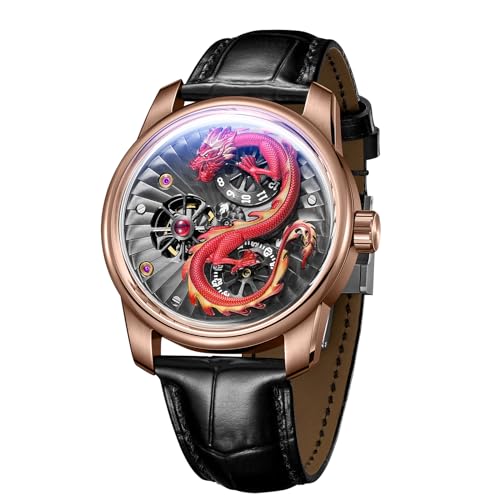 OBLVLO Luxuriöse Herren-Armbanduhr mit 3D-Drachen-Zifferblatt, Krokodil-Muster, Leder, Automatikuhr, modisch, Skelett, transparent, klassisch, mechanisch, JM-Dragon, Jm-dragon-prbl1, Militär von OBLVLO