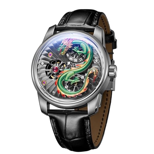 OBLVLO Luxuriöse Herren-Armbanduhr mit 3D-Drachen-Zifferblatt, Krokodil-Muster, Leder, Automatikuhr, modisch, Skelett, transparent, klassisch, mechanisch, JM-Dragon, Jm-dragon-ygbl1, Militär von OBLVLO