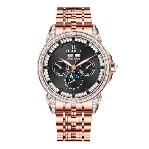OBLVLO Luxus Herren 316L Edelstahl Mondphase Automatikuhr Diamant Lünette 24 Stunden Multifunktions Mechanisches Armband Uhren GCM-MUT, GCM-MUT-PBPS, Modern von OBLVLO