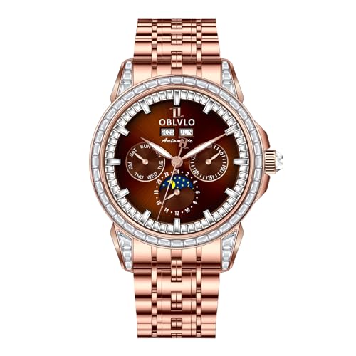 OBLVLO Luxus Herren 316L Edelstahl Mondphase Automatikuhr Diamant Lünette 24 Stunden Multifunktions Mechanisches Armband Uhren GCM-MUT, GCM-MUT-POPS, Modern von OBLVLO
