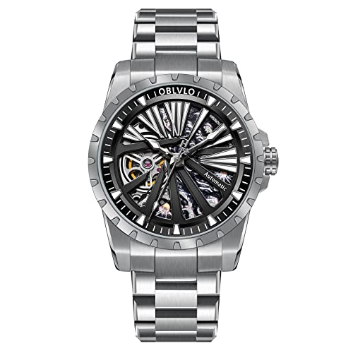 OBLVLO Luxus Marke Männer Stahl Automatische Mechanische Militär Skelett Uhr Casual Sport wasserdichte Armband Uhren RMS-U (RMS-U-YBYS) von OBLVLO