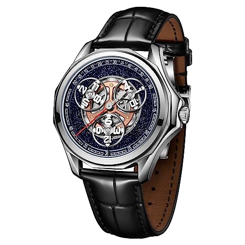 OBLVLO Luxus Marke Sterne Rad Mechanische Automatische Herren Uhr Super Leucht Leder Wasserdicht Kreative Sport Uhren DK-J (OBL-Dark-YLB) von OBLVLO