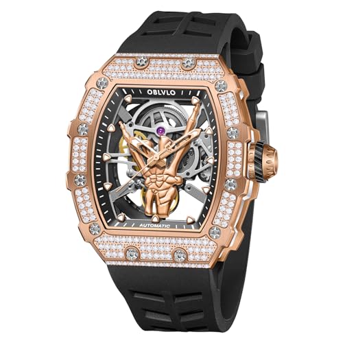 OBLVLO Luxus Stil Finger Diamanten Tonneau Skelett Mechanische Uhr für Herren Silikonband Wasserdicht Automatik Selbstaufzug Uhr XM-FIG-D, XM-FIG-D-PGBR, Large, Modern von OBLVLO