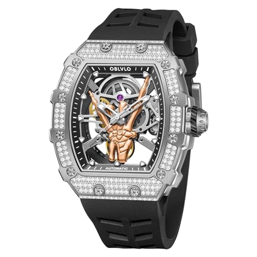 OBLVLO Luxus Stil Finger Diamanten Tonneau Skelett Mechanische Uhr für Herren Silikonband Wasserdicht Automatik Selbstaufzug Uhr XM-FIG-D, XM-FIG-D-YGBR, Large, Modern von OBLVLO