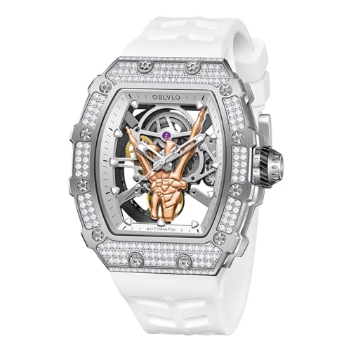 OBLVLO Luxus Stil Finger Diamanten Tonneau Skelett Mechanische Uhr für Herren Silikonband Wasserdicht Automatik Selbstaufzug Uhr XM-FIG-D, XM-FIG-D-YGWR, Large, Modern von OBLVLO