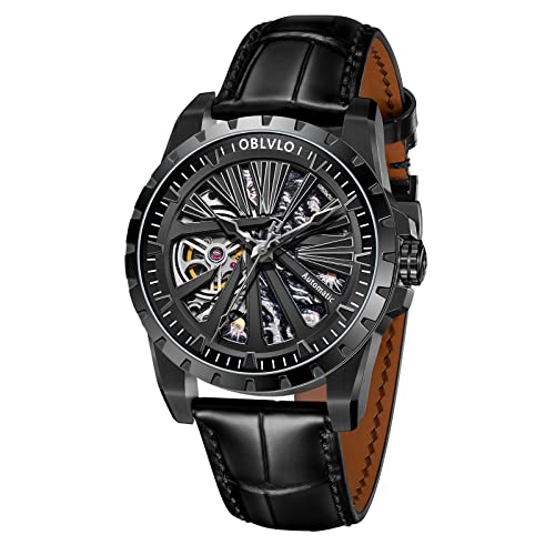 OBLVLO Luxusmarke Mechanische Militärskelett Herrenuhr Automatik Schwarz Sportuhren Wasserdicht RMS-U (RMS-U-BBB) von OBLVLO