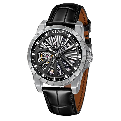 OBLVLO Luxusmarke Mechanische Militärskelett Herrenuhr Automatik Schwarz Sportuhren Wasserdicht RMS-U (RMS-U-YBB) von OBLVLO