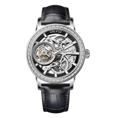 OBLVLO Men Tourbillon Manual-Winding Watches Genuine Leather Diamond Bezel Skeleton Dial Mechanical Watches VM-TB-D (VM-TB-D-YBB) von OBLVLO
